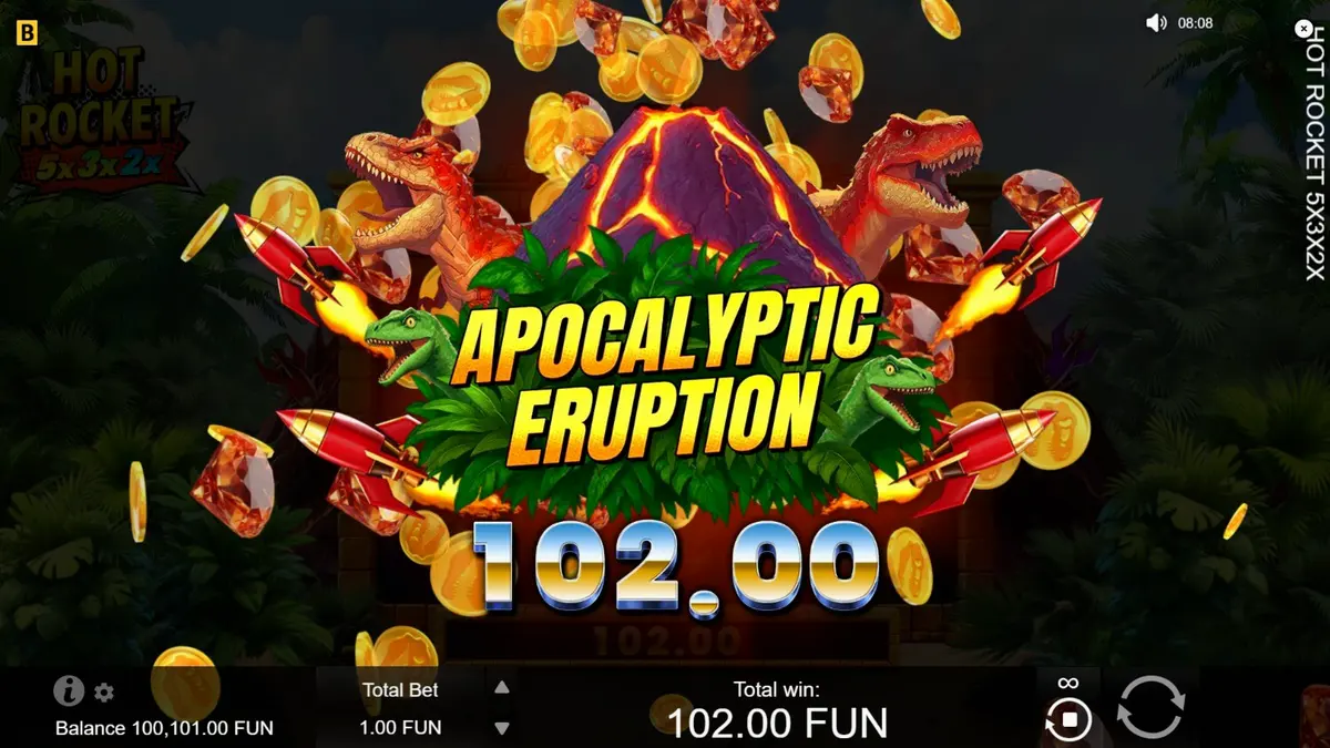 Hot Rocket 5x 3x 2x slot game interface na may bulkan sa background