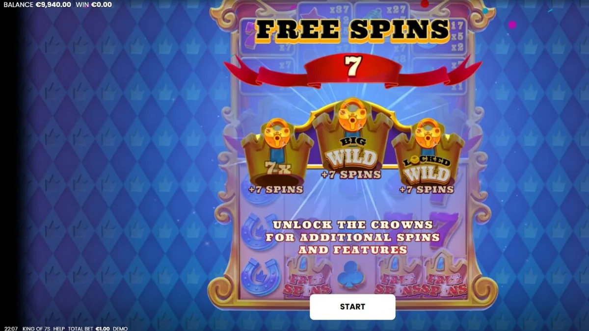 Isang makulay na royal-themed slot machine na may mga simbolo ng Lucky 7 at mga korona.