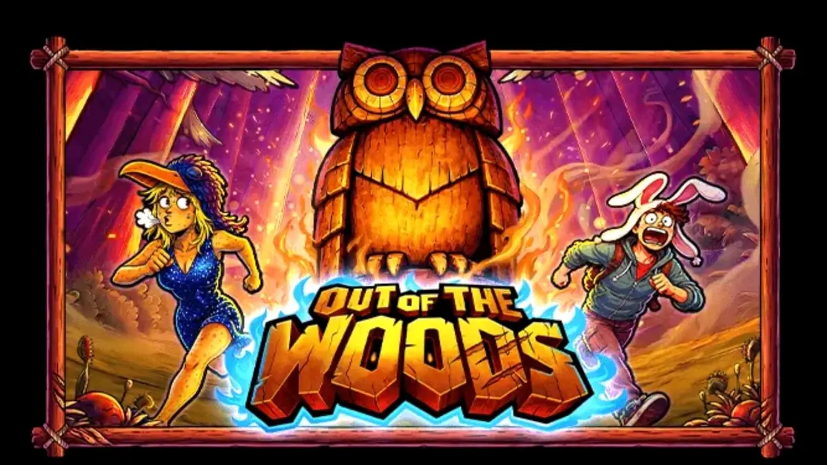 Isang visual na representasyon ng Out of the Woods slot na nagpapakita ng mga animal-themed symbols sa isang kagubatan.